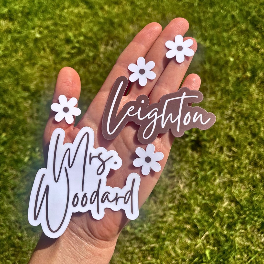 Custom Name Sticker With 5 Matching Flowers