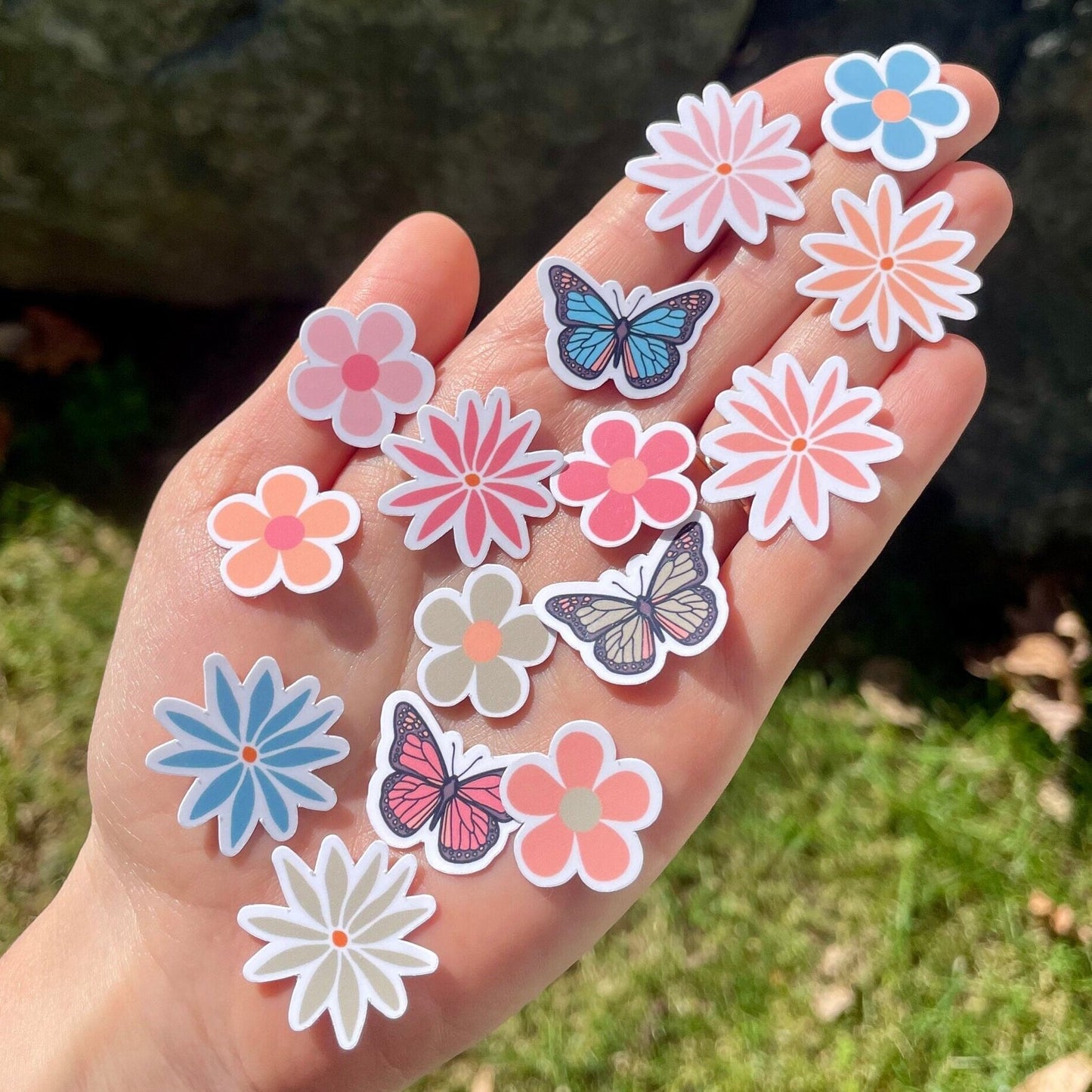 Summer Bloom Tiny Sticker Pack, Pastel Flowers and Butterflies, Waterproof Aesthetic Stickers for Water Bottle, 15 Sticker Pack