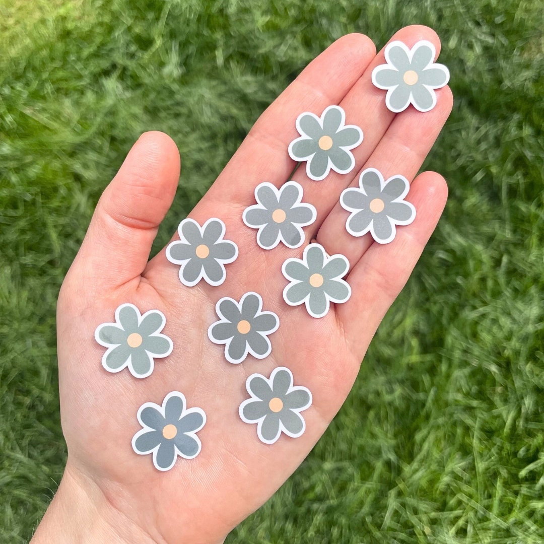 10 Tiny Green Waterproof Daisy Stickers, Mini Flower Vinyl Stickers, Small Water Bottle Green Flower Stickers, Laptop or Kindle Stickers